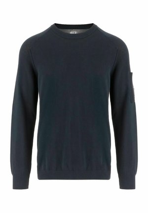 Maglione blu navy a maniche lunghe con scollo rotondo, polsini e orlo a coste, con una piccola tasca sulla parte superiore della manica sinistra.
