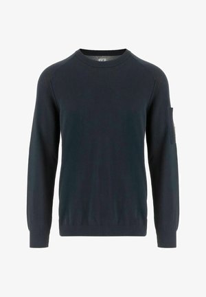 Maglione blu navy a maniche lunghe con scollo rotondo, polsini e orlo a coste, con una piccola tasca sulla parte superiore della manica sinistra.