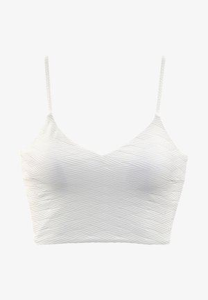 Weißes Bralette mit einem strukturierten Zickzackmuster und dünnen verstellbaren Trägern; hat einen V-Ausschnitt und eine figurbetonte Form.