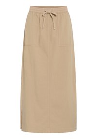 Jupe longue beige en mélange de coton avec une ceinture élastiquée et un cordon de serrage. Comprend deux poches avant et des fentes latérales.