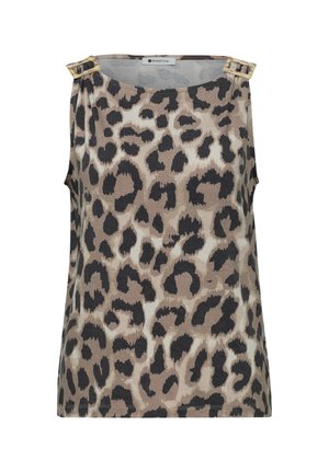 Top sin mangas con estampado de leopardo en beige, marrón y negro, con hebillas rectangulares de carey en cada hombro.