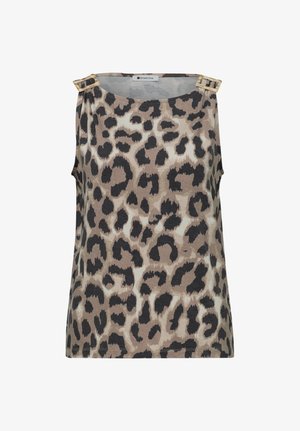 Top sin mangas con estampado de leopardo en beige, marrón y negro, con hebillas rectangulares de carey en cada hombro.