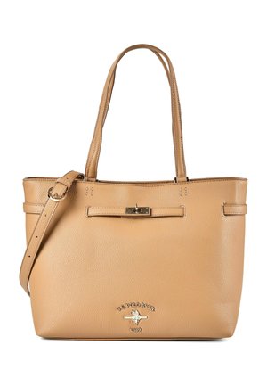 Sac fourre-tout en cuir fauve avec doubles poignées, bandoulière réglable, détail boucle à l'avant, et emblème du logo U.S. Polo Assn.