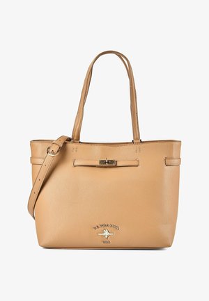 Bolso tote de cuero color cuero claro con asas dobles, correa de hombro ajustable, detalle de hebilla frontal y emblema con el logo de U.S. Polo Assn.
