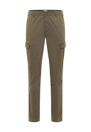 Olive green cargo pants made of cotton blend, featuring side pockets, straight legs, and a front button closure. Smooth texture.