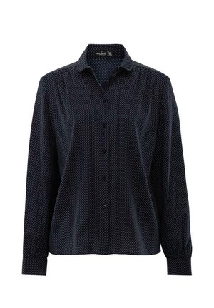Schwarz-bluse mit langen Ärmeln, Knopfleiste und weißen Punkten, klassischem Kragen und geknöpften Ärmeln.