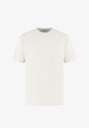 Maglietta bianca tinta unita a maniche corte con scollo a girocollo, senza loghi o motivi visibili, mostrata su sfondo bianco.