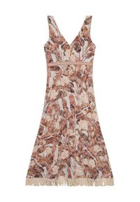 Vestido de sol floral con escote en V, sin mangas, predominantemente en cálidos tonos tierra, con un dobladillo con flecos y patrones de hojas intrincados.