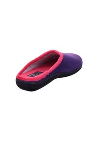 Purple felt slipper with a pink fleece lining, rounded shape, and black rubber sole. Interior features soft texture, open back design.