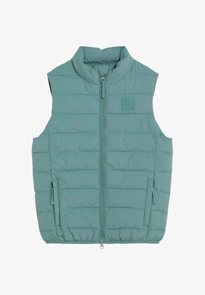 Vaaleanvihreä tikattu hihaton liivi, jossa pystykaulus, vetoketjulla suljettava etuosa, vetoketjulliset sivutaskut ja pieni neliönmuotoinen logo rinnassa.