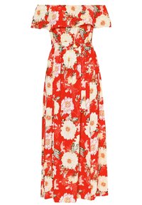 Robe maxi rouge à fleurs avec un décolleté épaules dénudées. Elle présente de grandes fleurs blanches et roses, une taille cintrée et une jupe fluide.