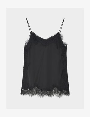 Schwarzes Seiden-Camisole mit zarter Spitzenverzierung entlang des Ausschnitts, an den Seiten und am Saum, mit dünnen Trägern.