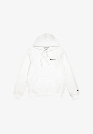 Hanorac alb din bumbac, cu buzunar frontal tip cangur, glugă cu șnur și logo brodat în roșu și negru pe piept și pe mânecă.