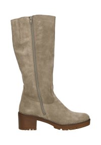 Beige suede knee-high boot with a side zipper, rounded toe, and a chunky brown heel. The sole features a textured grip pattern.