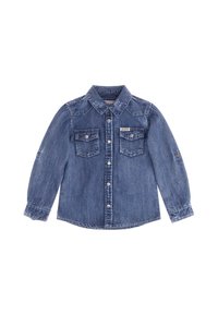 Jeansowa koszula w ciemnoniebieskim kolorze z kołnierzykiem, długimi rękawami, dwoma kieszeniami na piersi i zapięciem na guziki. Zawiera metkę marki na lewej kieszeni.