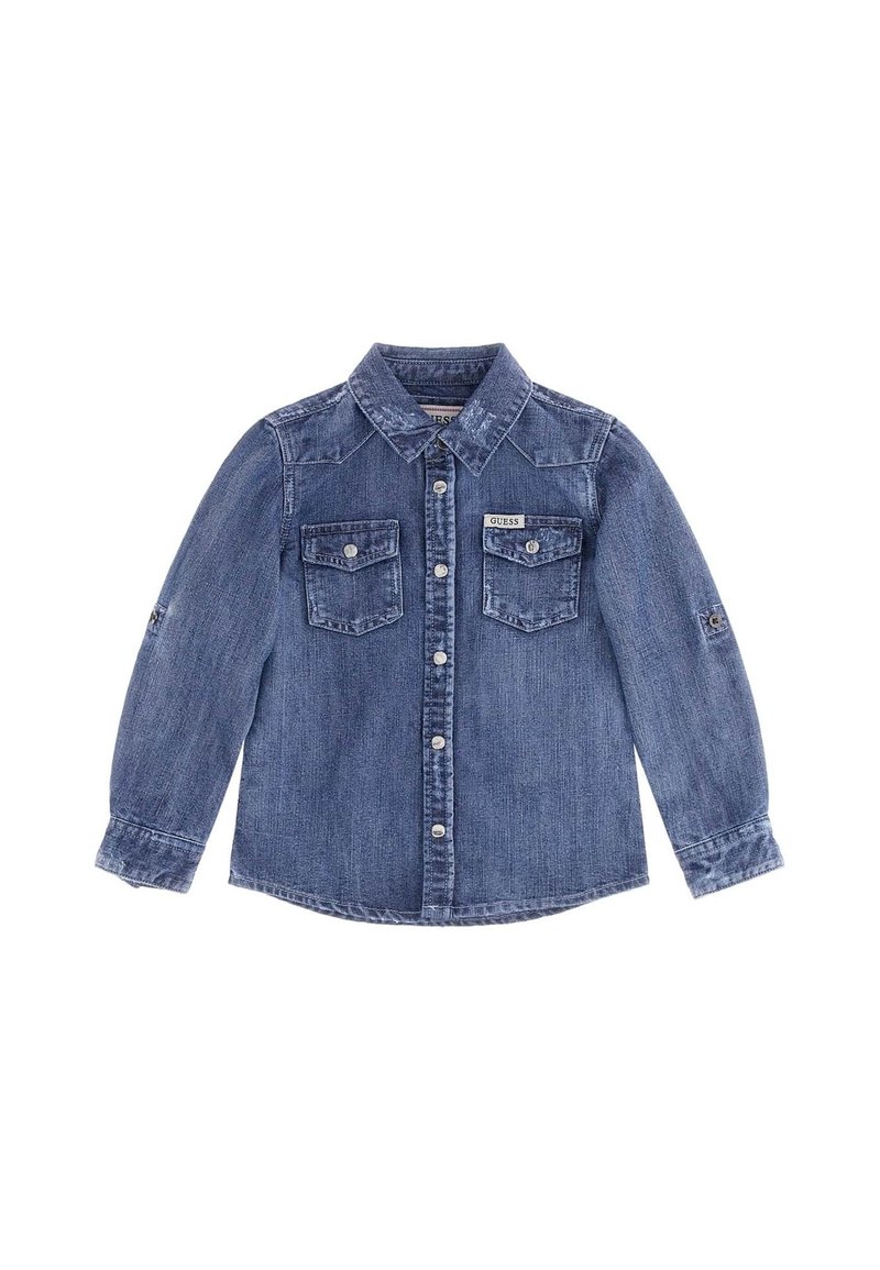 Jeansowa koszula w ciemnoniebieskim kolorze z kołnierzykiem, długimi rękawami, dwoma kieszeniami na piersi i zapięciem na guziki. Zawiera metkę marki na lewej kieszeni.