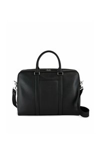 Bolsa de negocios de cuero negro con dos asas en la parte superior, correa de hombro ajustable, acabado texturizado y bolsillo frontal con acentos de hardware metálico.