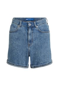 Jeans kratke hlače v srednji modri barvi s visokim pasom, z zavitimi robovi, dvema sprednjima žepoma in gumbom za zapiranje. Oznaka vidna na pasu.