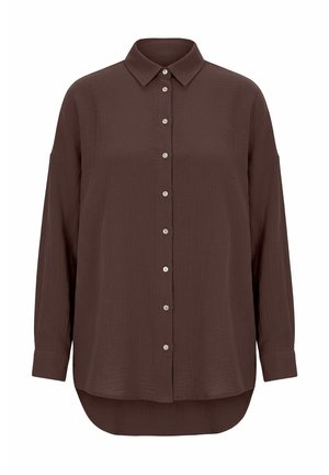 Dunkelbraunes, langärmliges Hemd zum Zuschneiden mit spitzem Kragen und abgerundetem Saum, mit strukturierter Stoffqualität und weißen Knöpfen auf der Vorderseite.