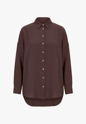 Dunkelbraunes, langärmliges Hemd zum Zuschneiden mit spitzem Kragen und abgerundetem Saum, mit strukturierter Stoffqualität und weißen Knöpfen auf der Vorderseite.