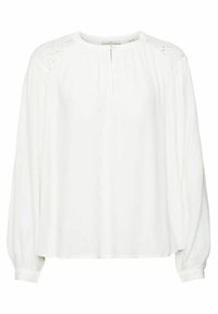 Weiße Bluse mit langen Ärmeln, rundem Ausschnitt, Spitzenverzierungen an den Schultern und einer Vorderseite mit einem kleinen Schlitz. Weicher Stoff.