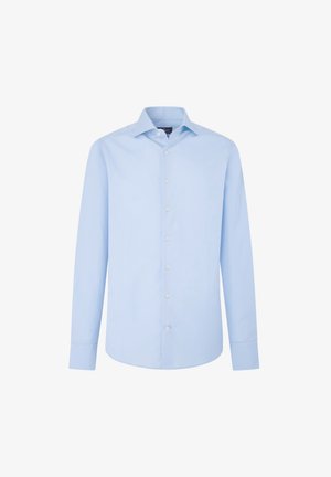 Camicetta a maniche lunghe azzurra chiara realizzata in tessuto morbido, con colletto classico, chiusura frontale con bottoni e design semplice senza fantasie.
