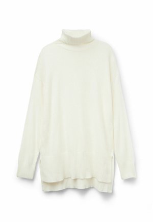 Weißer Rollkragenpullover mit geripptem Kragen und Saum, präsentiert sich in lockerer Passform und hat Seitenschlitze für zusätzliche Bewegungsfreiheit.