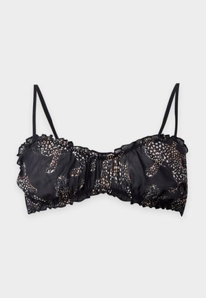 Sort cropped lingeri top med tynde stropper og et beige og hvidt leopardprint.