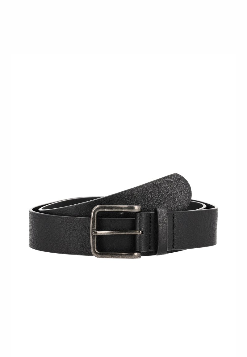 Curea din piele neagră cu un finisaj texturat, având o prindere rectangulară de culoare argintie și un bucluc de curea, concepută pentru îmbrăcăminte formală sau casuală.