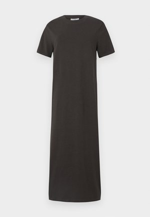 Sötét szürke, térd hosszúságú, puha pamutból készült pólóruha, rövid ujjakkal, kerek nyakkal és egyenes szabással.