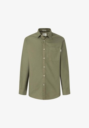 Camicia a maniche lunghe verde oliva, con abbottonatura frontale, colletto, taschino singolo sul petto e dettagli di cucitura a contrasto. Tessuto morbido.