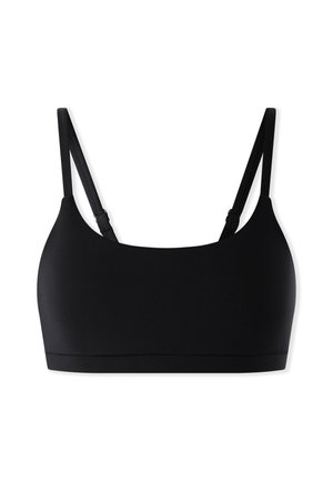 Zwarte bralette met dunne verstelbare bandjes, gemaakt van een gladde stof. Heeft een naadloos ontwerp en een elastische band aan de onderkant.