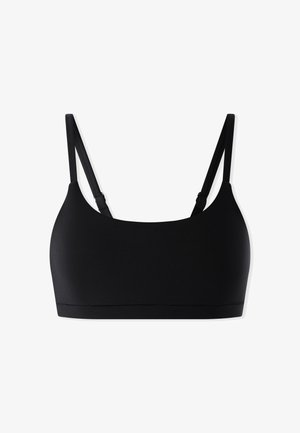 Schwarzes Bralette mit dünnen, verstellbaren Trägern, hergestellt aus glattem Material. Verfügt über ein nahtloses Design und einen elastischen Bund am unteren Rand.