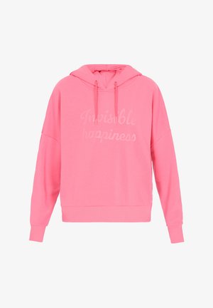 Roosa huppar, millel on reguleeritav nööridega kapuuts, kus on peal tekst "Tundmatu õnn" tumedamas toonis. Valmistatud pehmest, tekstureeritud kangast.