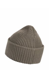 Bruine geribbelde gebreide beanie met een taps toelopende top, voorzien van een textuurstof en een omgeslagen boord.