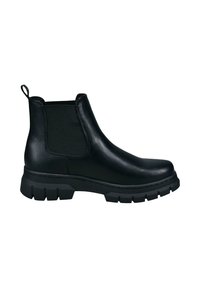 Schwarze Leder-Chelsea-Stiefel mit elastischen Seitenpaneelen, runder Spitze und robustem Gummisohlen, ausgestattet mit einer Zugschlaufe an der Rückseite für einfaches An- und Ausziehen.