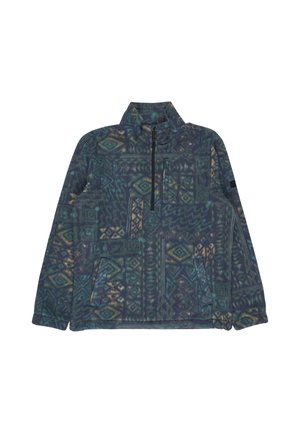 Fleece pullover with a high collar, featuring a geometric pattern in shades of blue, green, and yellow. Includes a zippered chest pocket.
