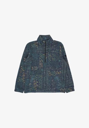 Pulover din fleece cu guler înalt, având un model geometric în nuanțe de albastru, verde și galben. Include un buzunar pe piept cu fermoar.