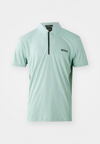Vaalean mintunvihreä polo-paita, jossa on kaulus, lyhyet hihat, musta vetoketjusuljenta edessä ja hienovarainen tekstuurikuvio. Sisältää mustan "BOSS"-logon.