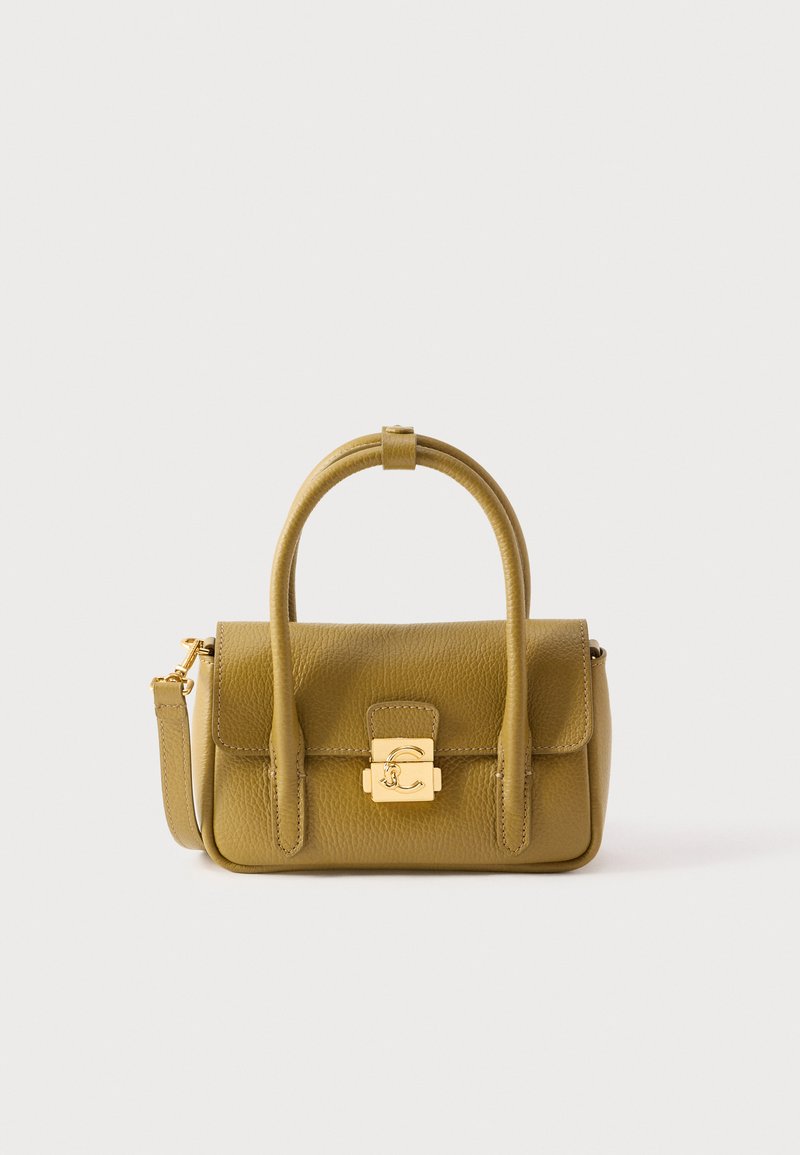 Mala de mão retangular em pele verde-oliva com um design estruturado, alça superior e tira destacável. Apresenta fecho de bloqueio dourado e detalhes em destaque.