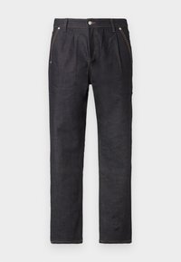 Donkerdenim broek met een recht gesneden ontwerp, voorzien van dubbele voorplooien, subtiele stikdetails en klassieke knoopsluiting.