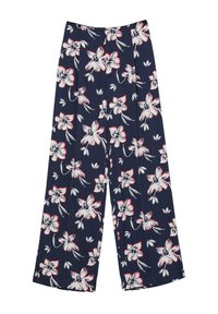 Pantalons à jambes larges en tissu bleu marine avec un imprimé floral blanc et rose. Le design comprend des plis et une taille haute pour un ajustement décontracté.