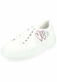 Zapatilla de lona blanca con suela plana. Presenta diseños de corazones multicolores en rojo, rosa y verde en el lateral. Ojal de metal y cordones.