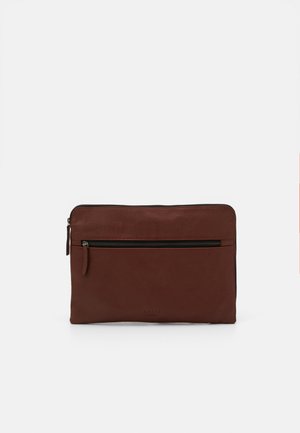 Brown leather laptop sleeve with a smooth texture, featuring a main zippered closure and a front pocket with a zipper for additional storage.