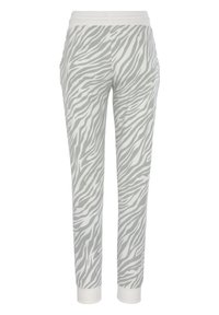 Grau-weiße Zebra-Print-Sweatpants mit elastischem Bund und Bündchen, ausgestattet mit einer glatten Textiloberfläche und Seitentaschen.