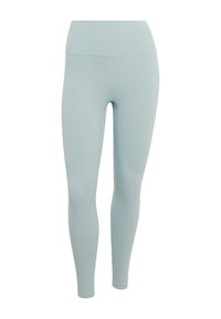 Ribbed leggings in soft light blue. High waistband, fitted design, and smooth texture. Suitable for active or casual wear.