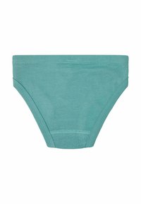 Teal katoenen slip met een gladde textuur, lage taille en contrasterende stiksels. Geen patronen of hardware-details zichtbaar.