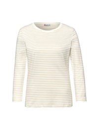 Hellcremefarbenes Langarm-T-Shirt mit dünnen, beigefarbenen horizontalen Streifen. Weicher Stoff mit rundem Ausschnitt und legerer Passform.