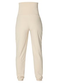 Lichtbeige sweatpants met een hoge tailleband, elastische boorden en een gladde, rekbare textuur. Eenvoudig, ongecompliceerd ontwerp zonder zichtbare patronen.