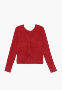 Czerwony sweter z prążkowanym splotem, z długimi rękawami, okrągłym dekoltem i skręconym detalem z przodu. Miękka tekstura i krótki fason.